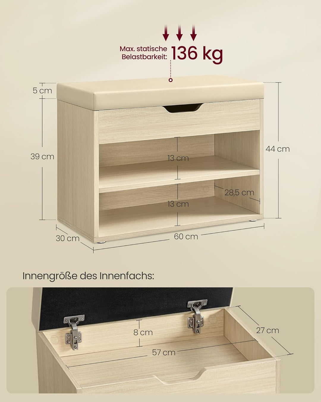 VASAGLE Schuhbank, Sitzbank, Schuhregal mit gepolstertem Kissen, Schuhorganizer mit 3 Ebenen, 30 x 6