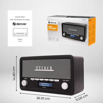 Denver DAB Radio DAB18, Radio mit Bluetooth, Retro Radio aus Holz, FM Radio, DAB, DAB+, AUX, Batteri