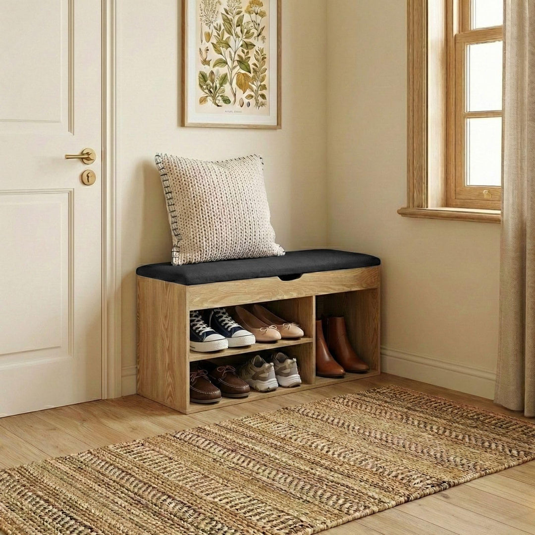 BOXIMO TRIA Schuhschrank mit Sitzbank, MDF und Polyester, 80 x 43 x 30 cm (Braun), Braun