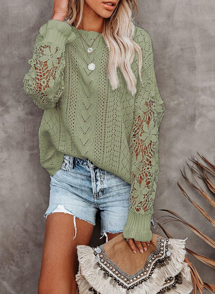 Maavoki Pullover Damen Spitze Strickpullover Lässige Rundhals Lace Langarm Häkelpullover Elegantes E