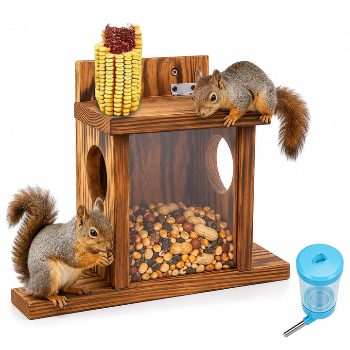 NAVESO Wooden Squirrel Feeder,Squirrel House Nesting Box for Nuts Corn, Peanuts,Squirrel Feeding Sta