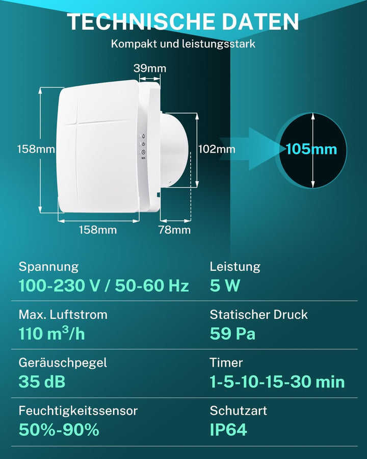 HG Power Badlüfter 102mm mit Feuchtigkeitssensor VOC-Sensor, Nachlauf-Timer 100mm Timer + Sensoren,