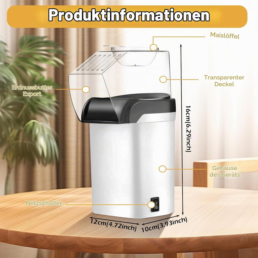 1200w Popcornmaschine, Mini Heissluft Popcorn Maker Gesund Ohne Öl Fett 2 Minuten One-Touch-Bedienun