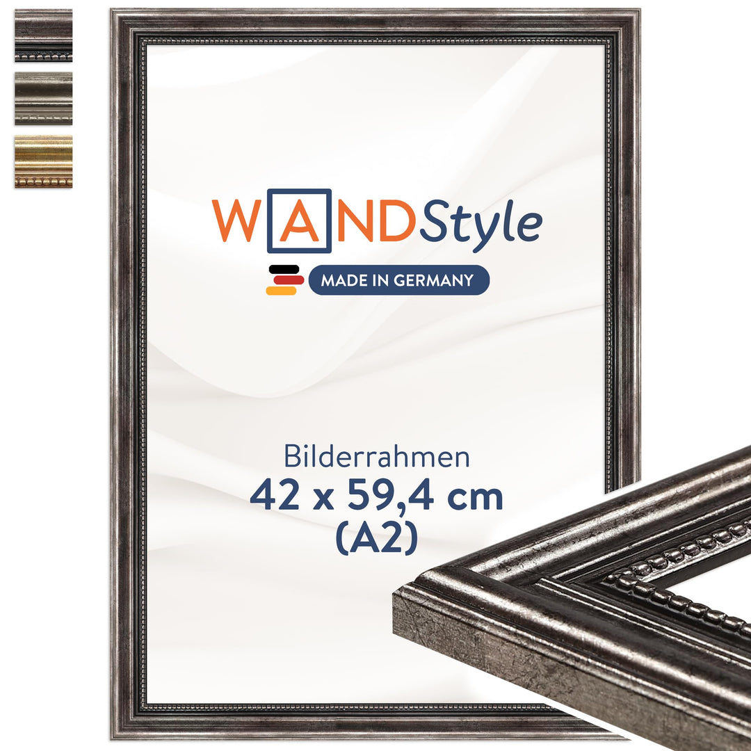 WANDStyle Bilderrahmen Antik 42x60cm DIN A2 I Farbe: Metall I Holzbilderrahmen I Fotorahmen I Barock