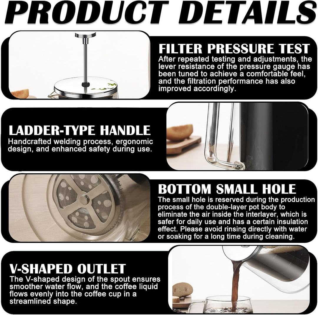 BORDEAG Kaffeebereiter Glas, 113 x 102 x 220mm French Press Edelstahl, French Press 1 Liter, Kaffeep