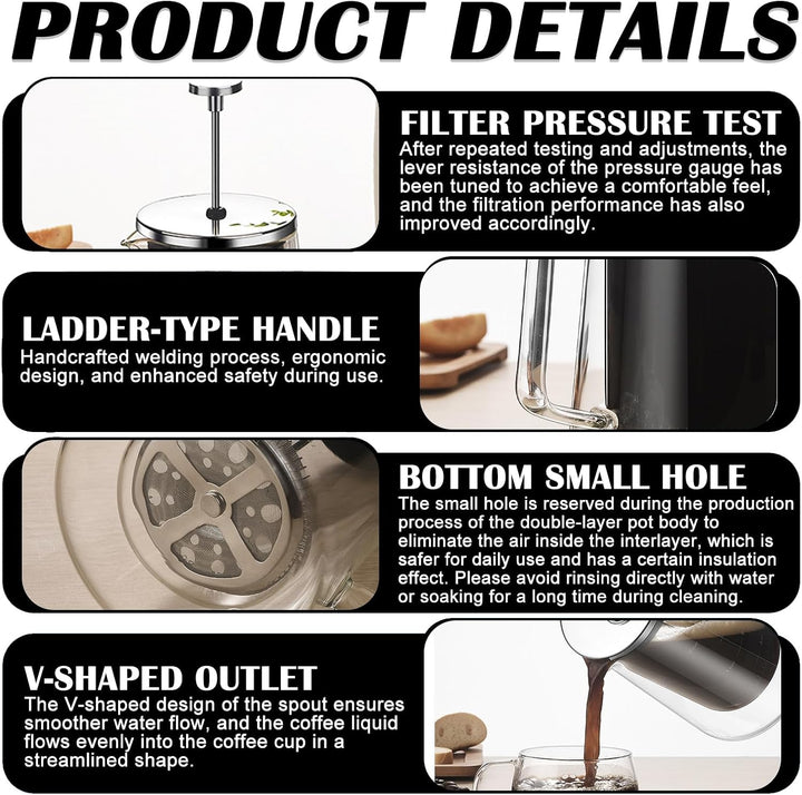 BORDEAG Kaffeebereiter Glas, 113 x 102 x 220mm French Press Edelstahl, French Press 1 Liter, Kaffeep