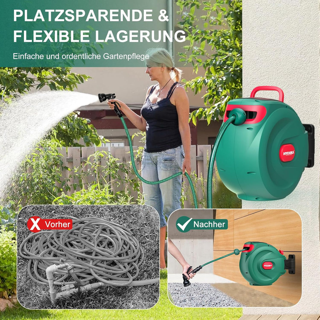 HICHIKA Schlauchtrommel Gartenschlauch 20m – Schlauchbox für die Wandhalterung, Automatische Verrieg