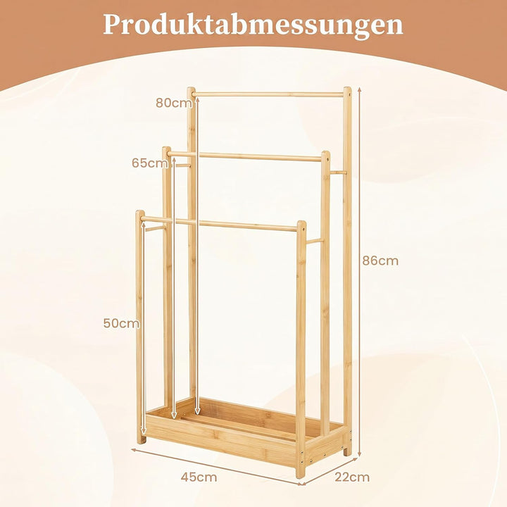 COSTWAY Handtuchständer freistehend, Handtuchhalter Holz mit 3 Handtuchstangen &amp; unterer Ablage &amp; Ki