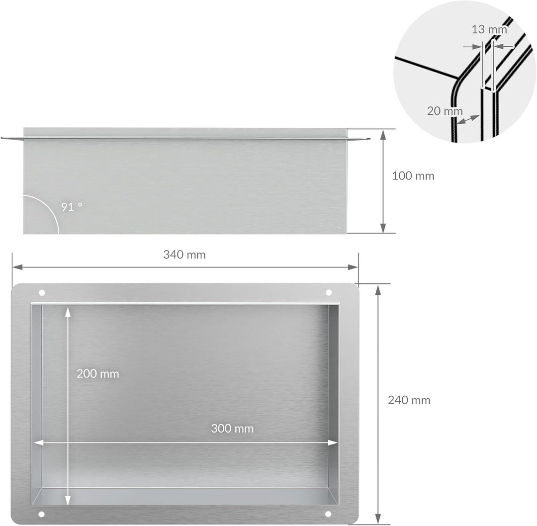LuxeBath Wandnische aus Edelstahl, 20x30x10 cm, Silber, Duschnische, Randlos, Einbauregal, Flexibler