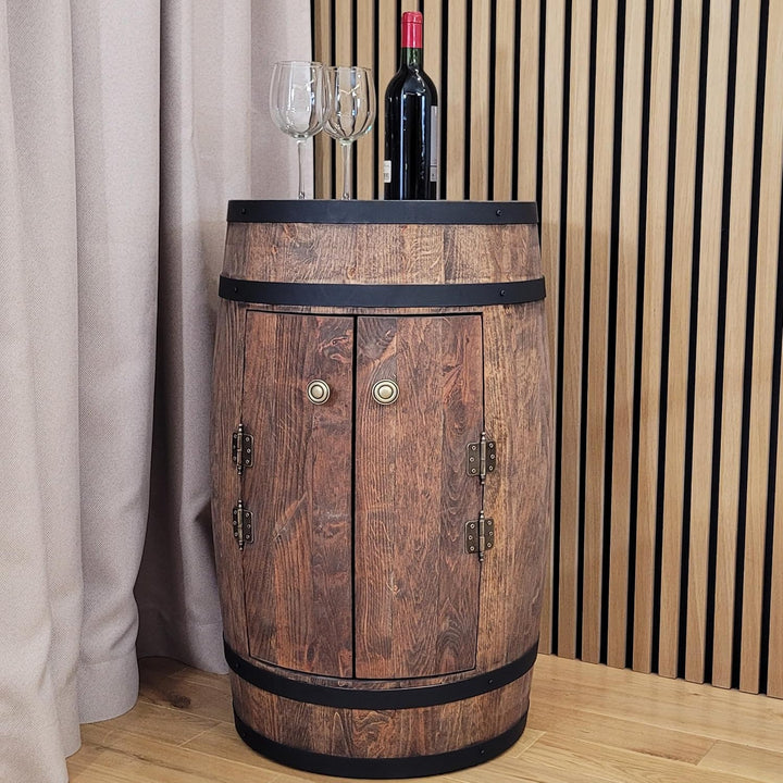 weeco Fassbar mit Tür und Weinregal RGB LED Beleuchtung, Hausbar Weinrack 80x50cm. Rustikaler deko B