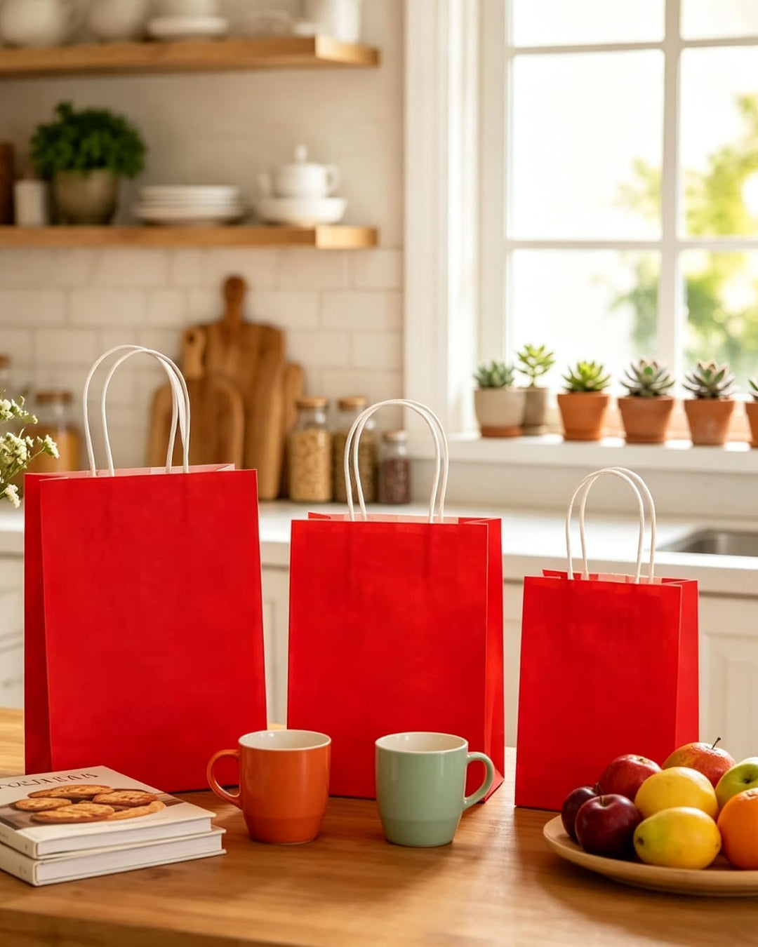 Gcardist Rot Papiertüten mit Henkeln, Grosspackung mit 100 Stück in verschiedenen Grössen (gross – 3