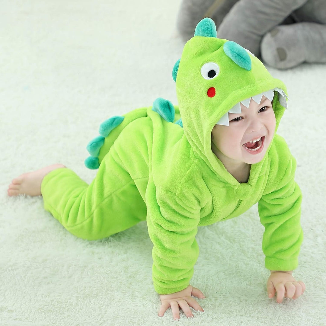 LOLANTA Kinder Grün Dinosaurier Kostüm,Kinder Tier Flanell Strampler Overall,6-7 Jahre,Grün,Etikette