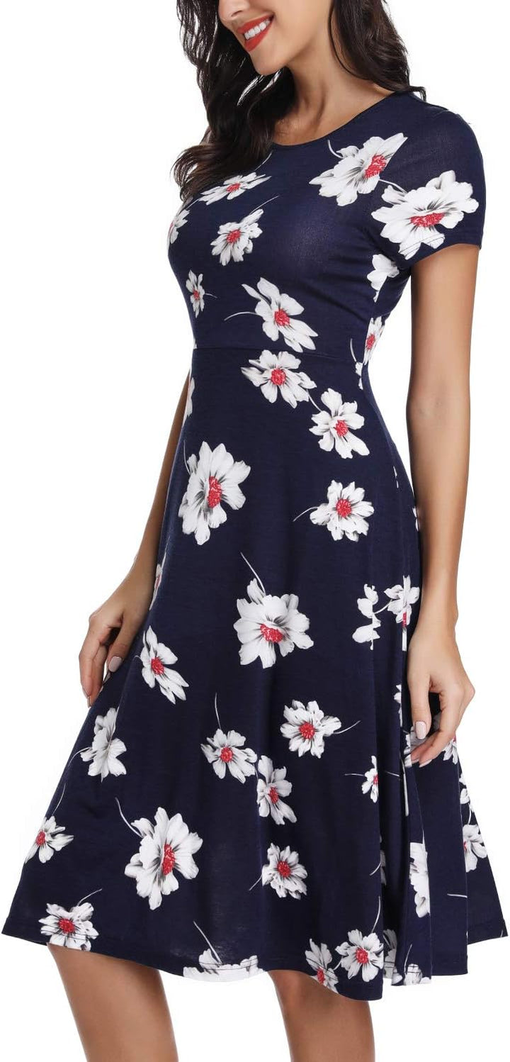 EXCHIC Damen Freizeit Rundhals A-Linie Kurzarm Midi Kleid Elegant Blumen Sommer Knielang Kleider L 3