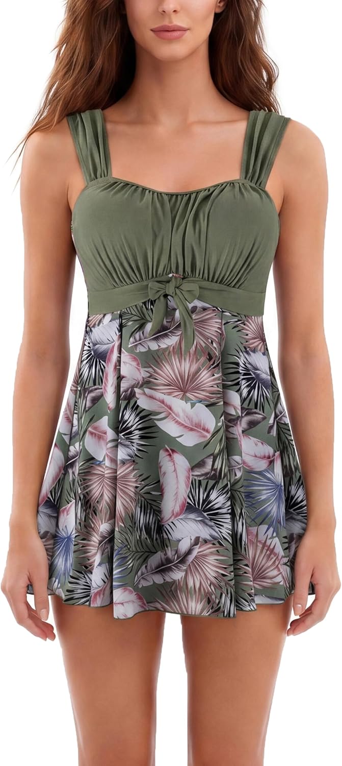 Wantdo Damen Badeanzüge Sommer Bauchweg Tankini Bademode mit Bügel Badekleid Einteiler Schlanke Stra