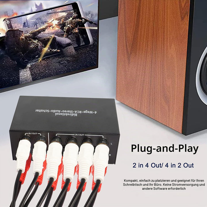 XMSJSIY 4-Wege bidirektionaler L/R RCA Stereo Audio Switcher, 2 in 4 Out oder 4 in 2 Out, L/R Sound