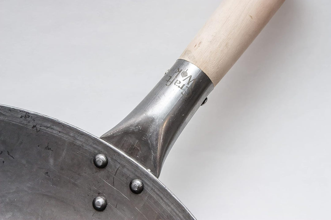 Craft Wok Traditioneller handgehämmerter Wok aus Karbonstahl mit Griff aus Holz und Stahl (Durchmess