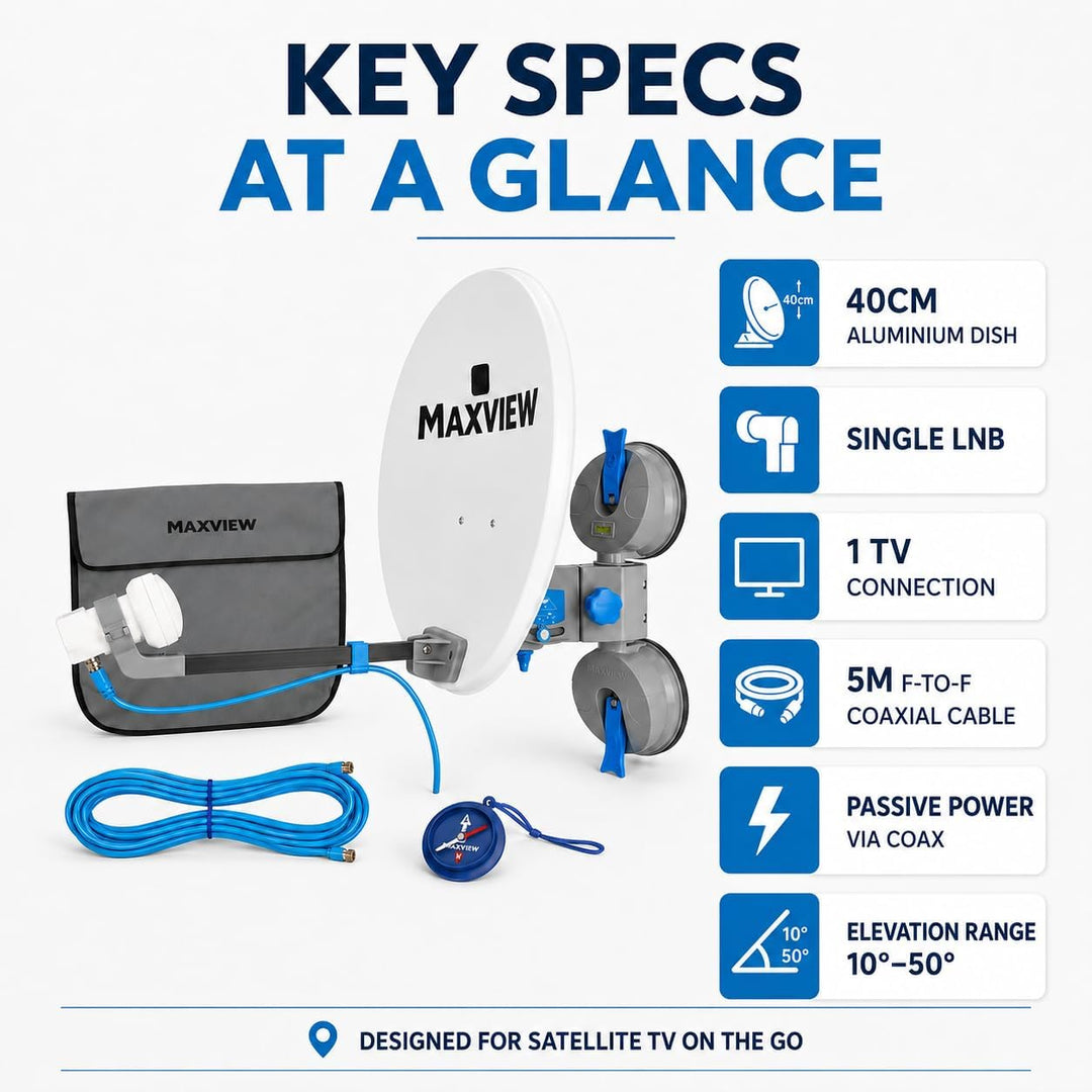 MaxView MXL026 Remora 40 Saugnapf-montiertes tragbares Satellitenfernseh-Set für Wohnwagen, Wohnmobi