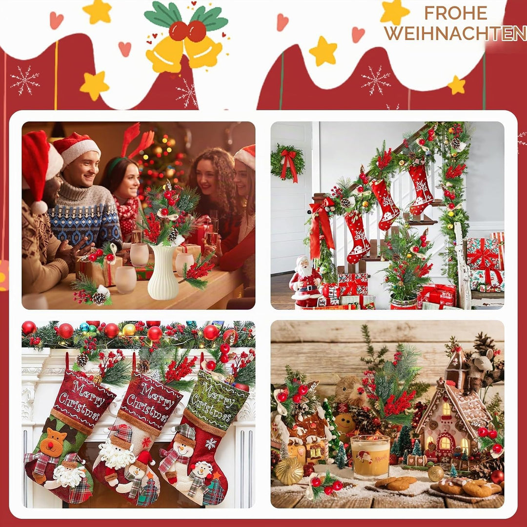 Morofme Künstliche Tannenzweige mit Rote Beeren Deko 6 Stück, Weihnachtszweige mit Tannenzapfen, Bau
