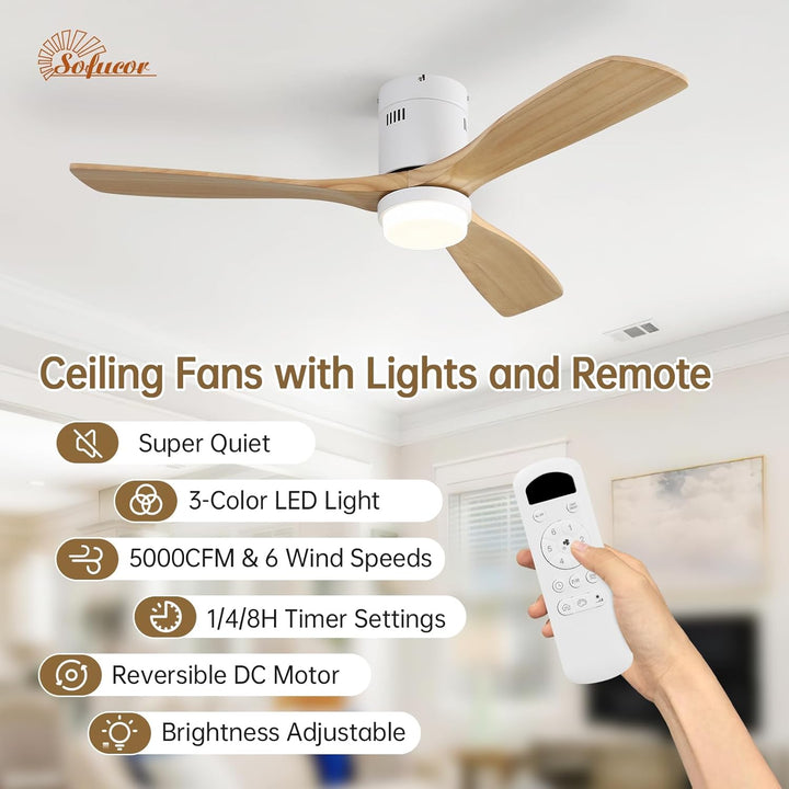 Sofucor Deckenventilator mit Beleuchtung, Deckenventilatorleuchte mit Licht, Fernbedienung, 3 Holzlü