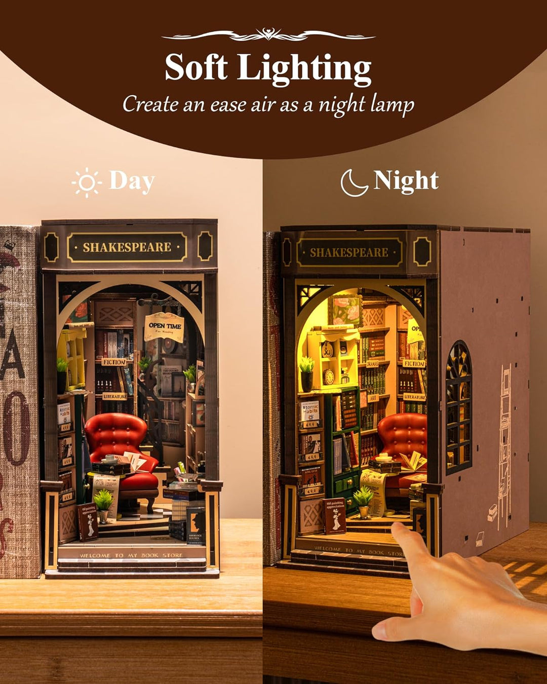 Rolife Book Nook Kit Buchstützen DIY Miniatur Haus 3D Puzzles Holz Book Nook Diorama Modelbau für Er