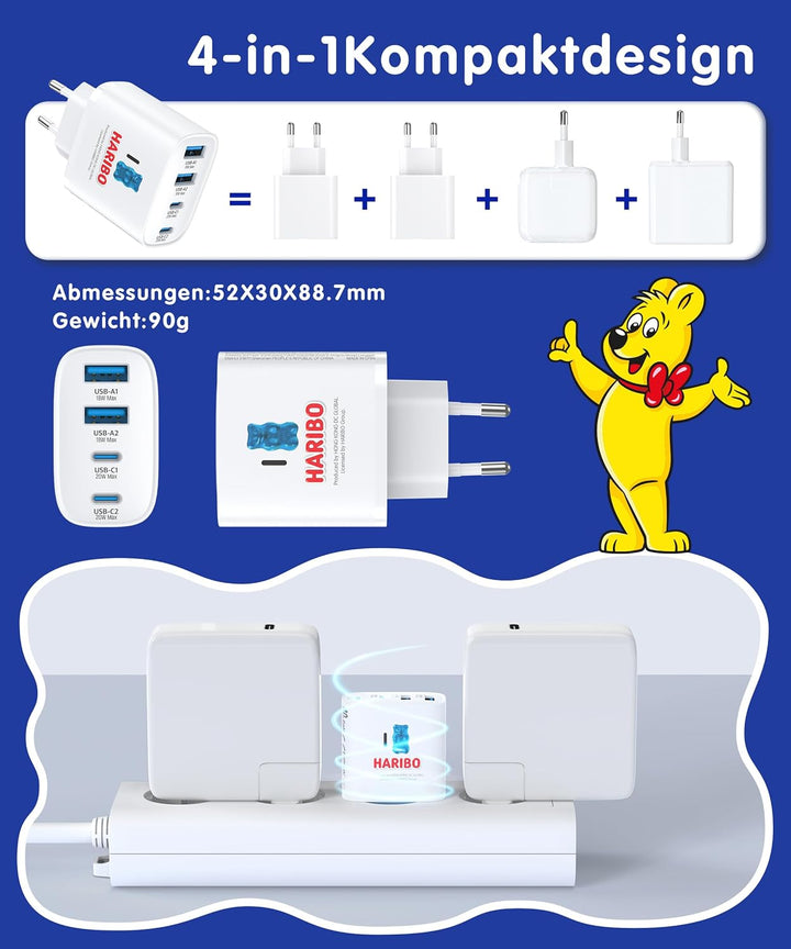 HARIBO 2er USB C Ladegerät 4-Port 40W Schnellladegerät,PD 3.0 Mehrfach Netzteil für iPhone 16/15/14
