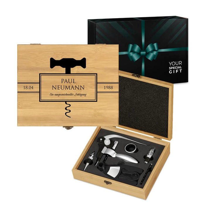 Maverton Weinöffner-Set personalisiert Weinset Sommelier Set - Geschenkbox Holzbox + 6er Weinzubehör