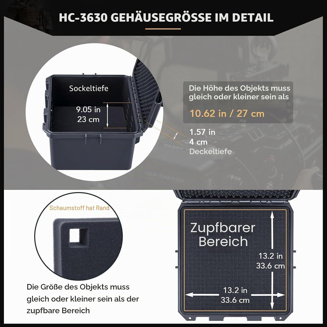 Lykus HC-3630 Wasserdicht Koffer mit anpassbar Rasterschaumstoff, Innengrösse 35,5x35,5x27 cm, Geeig
