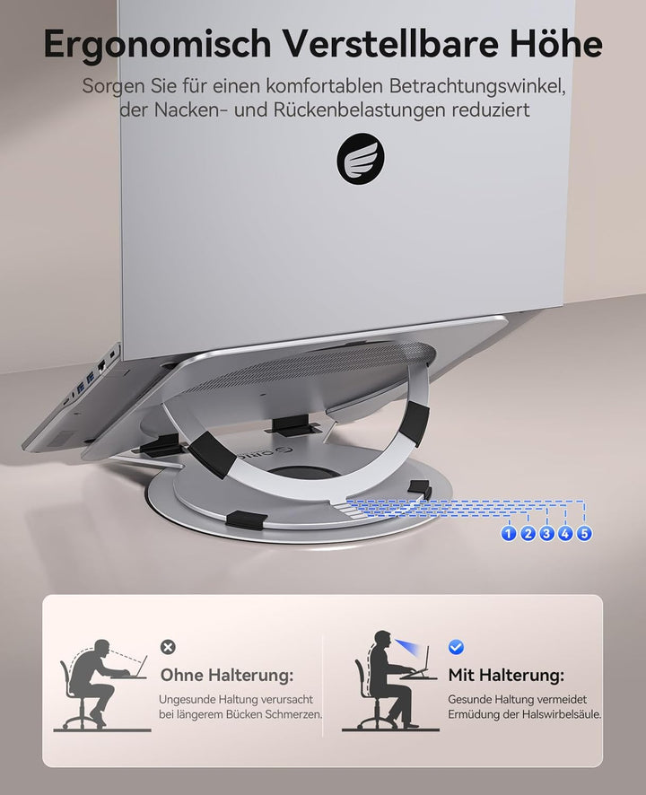 ORICO Laptop Ständer Höhenverstellbarer, Belüfteter Aluminium Laptop Stand mit 360° Drehbasis, Ergon
