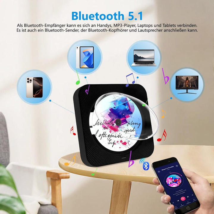 Tragbarer CD-Player, Desktop CD Players Bluetooth 5.1 mit Fernbedienung Unterstützung Timer, HiFi-La