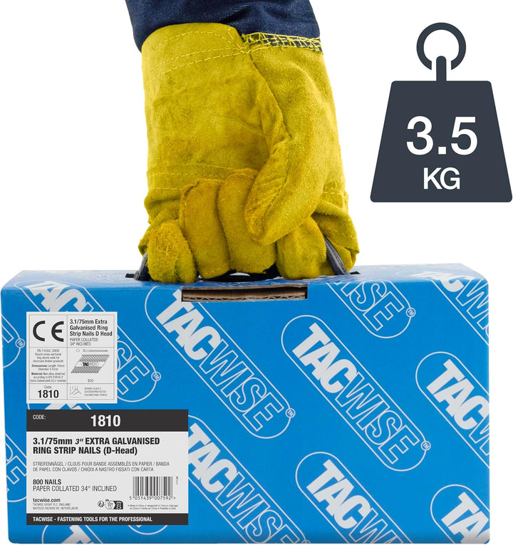 Tacwise 1810 Extra Verzinkte Rahmennägel 3,1/75 mm, D‘-Kopf, Ringschaft, mit 34° Neigung, Papiergebu