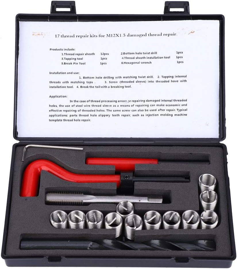 Oumefar 17Pcs Edelstahl-Nachfädler-Gewindebohrungssatz M12x1 5 Gewindeeinsatz-Kit Gewindereparaturwe