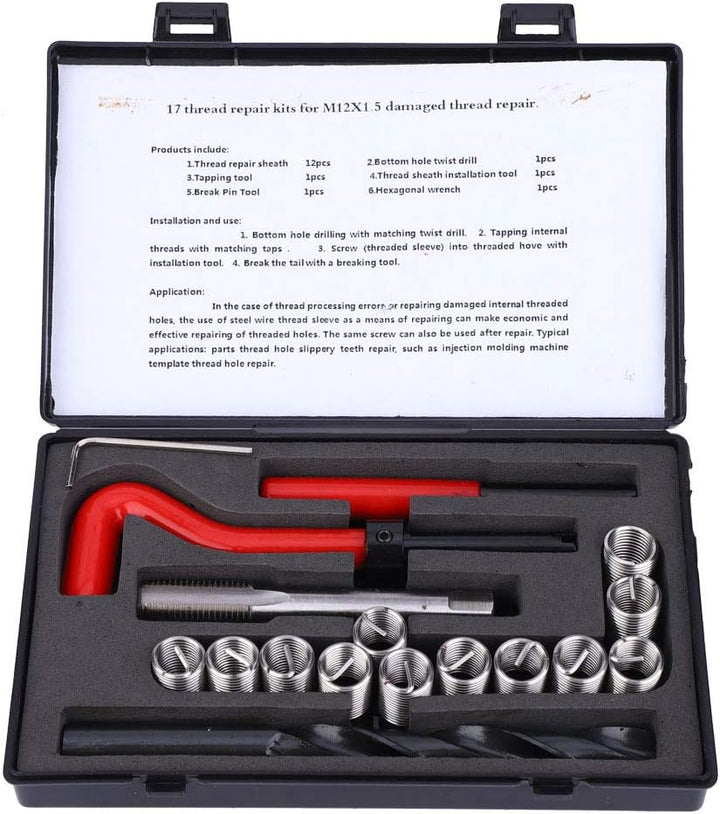 Oumefar 17Pcs Edelstahl-Nachfädler-Gewindebohrungssatz M12x1 5 Gewindeeinsatz-Kit Gewindereparaturwe
