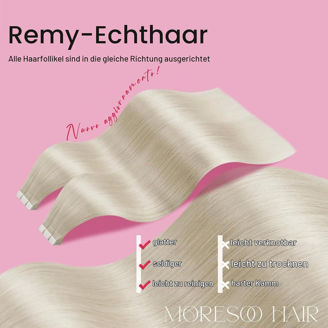 Moresoo Tape Extensions Echthaar Blond Remy Echthaar Tape in Extensions Platinblond Seamless Skin We