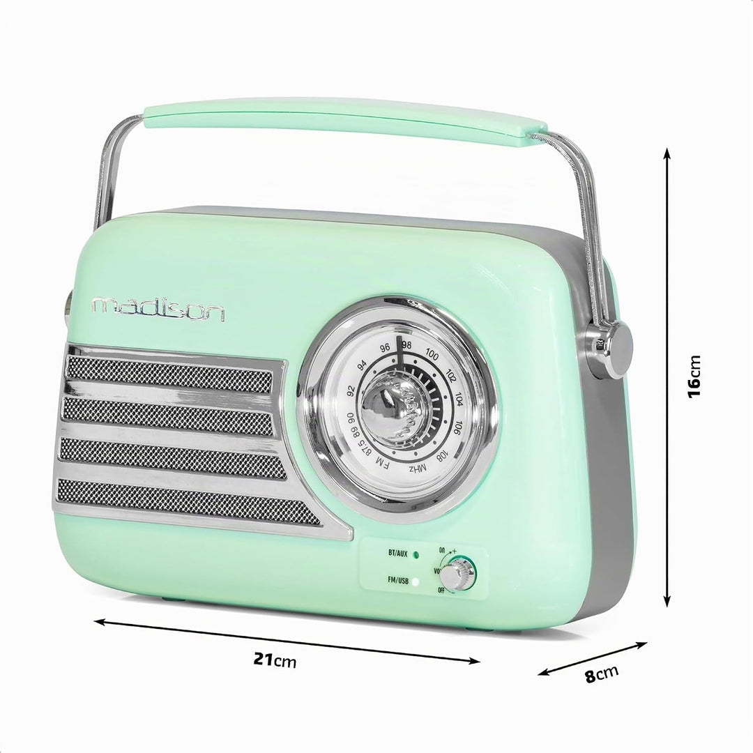 Madison - FREESOUND-VR40GR - Vintage-Radio 30W auf langer Batterie - Bluetooth, USB &amp; FM - Blassgrün