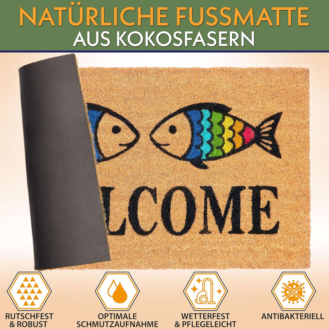 BRUBAKER Fussmatte für Aussen und Innen - Welcome mit Regenbogen Fische - 45 x 75 cm Schmutzfangmatt