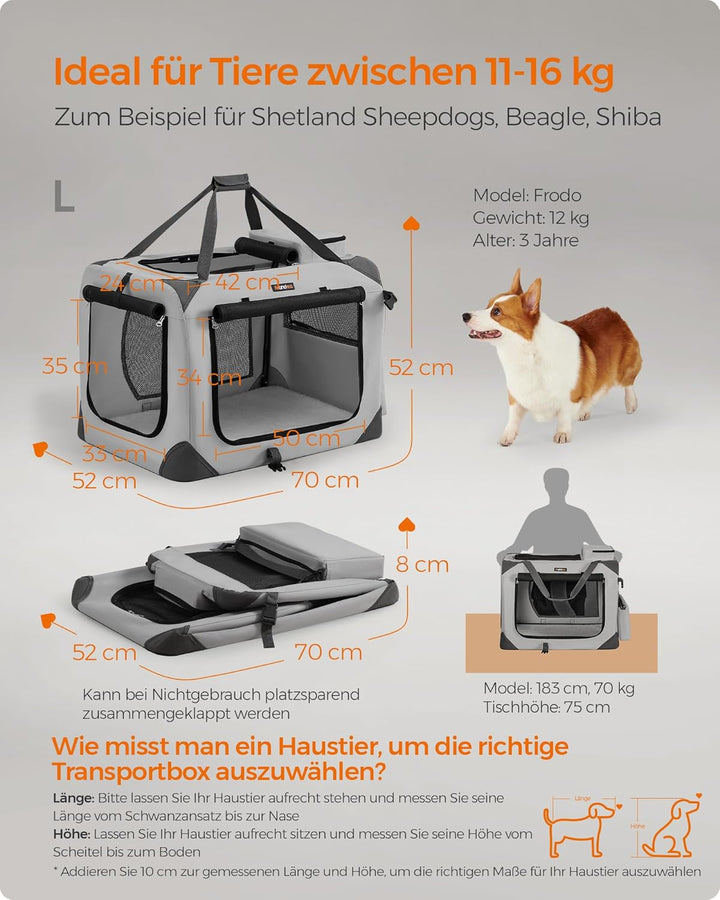 Feandrea Hundebox faltbar, Transportbox Hund, L, Hundetasche, Oxford-Gewebe, Netzstoff, atmungsaktiv