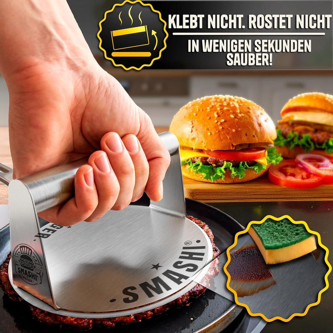 SMASHI® Smash Burger Set aus Edelstahl 304 – Professionelles Set mit Antihaft-Presse, Grillspachtel