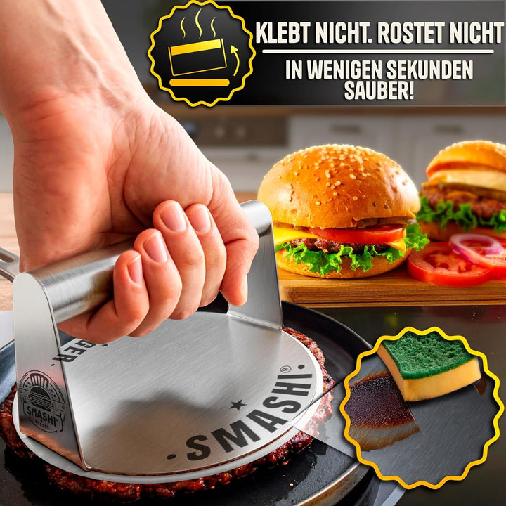 SMASHI® Smash Burger Set aus Edelstahl 304 – Professionelles Set mit Antihaft-Presse, Grillspachtel