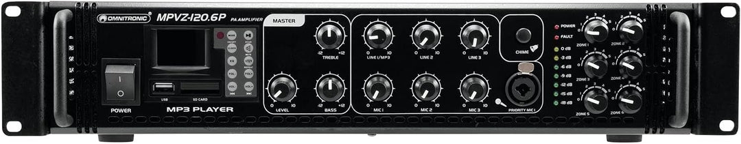 OMNITRONIC MPVZ-120.6P Mischverstärker | 6-Zonen-ELA-Mono-Mischverstärker, MP3-Player & IR-FB, Zonen