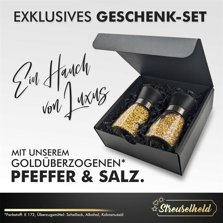 Streuselheld - Salz und Pfeffermühle mit Gold Gewürzen - 2er Geschenk Set mit Geschenkbox - Pfeffer