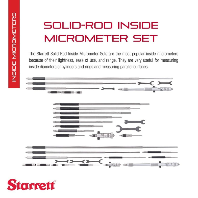 Starrett 124CZ Vollstab-Nonius-Innenmessschrauben-Set, Bereich 8-32", 0,001" Teilung, +/- 0,0001" Ge