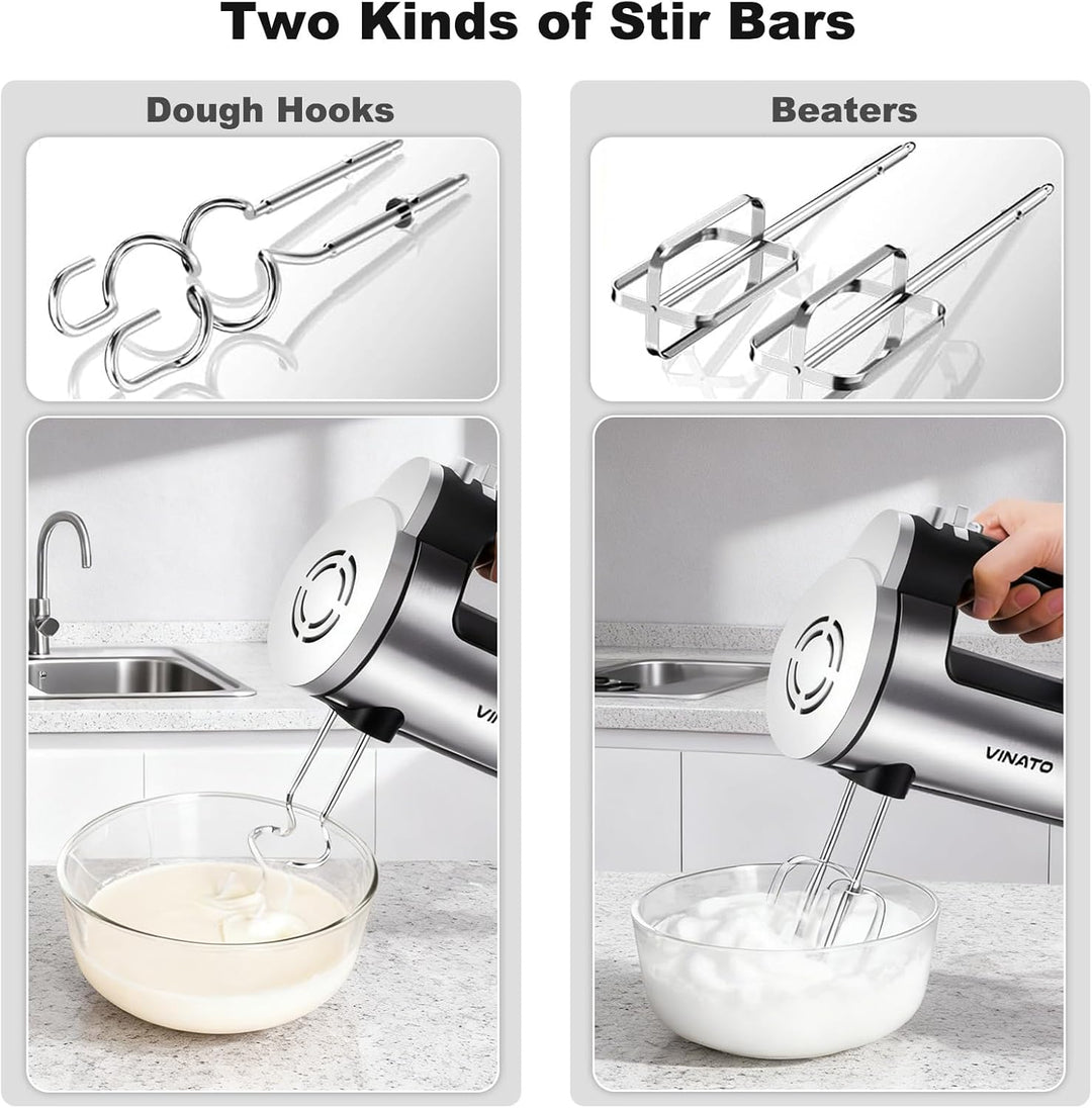 VINATO Elektrischer Handmixer, 300W mit 6 Stufen, 2 Edelstahl-Rührbesen & Knethaken | Für Teig, Eier