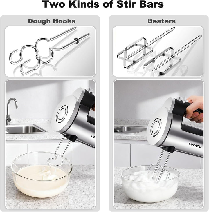 VINATO Elektrischer Handmixer, 300W mit 6 Stufen, 2 Edelstahl-Rührbesen & Knethaken | Für Teig, Eier