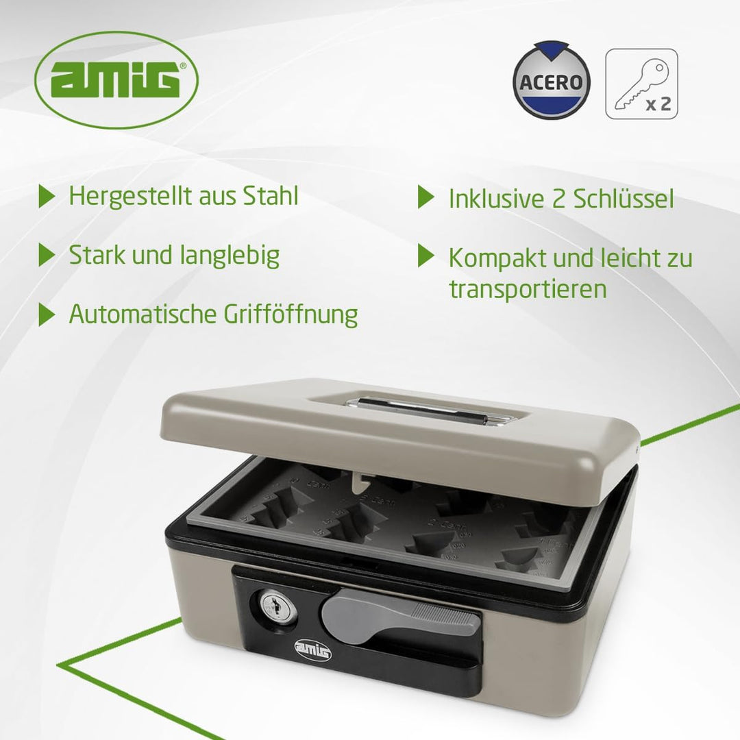 Amig - Sicherheits Geldkassette aus Stahl | Mit Münzschale und 2 Schlüsseln | Robust und Tragbar | I