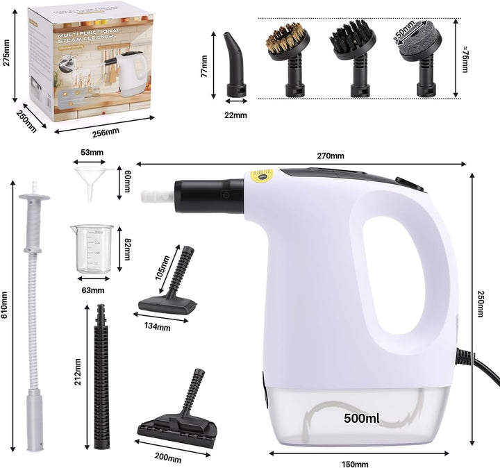 Dampfreiniger Handgerät 1200W, 500ml Handdampfreiniger mit 10 Zubehörteilen, 3 Dampfstufen, 20s Aufh