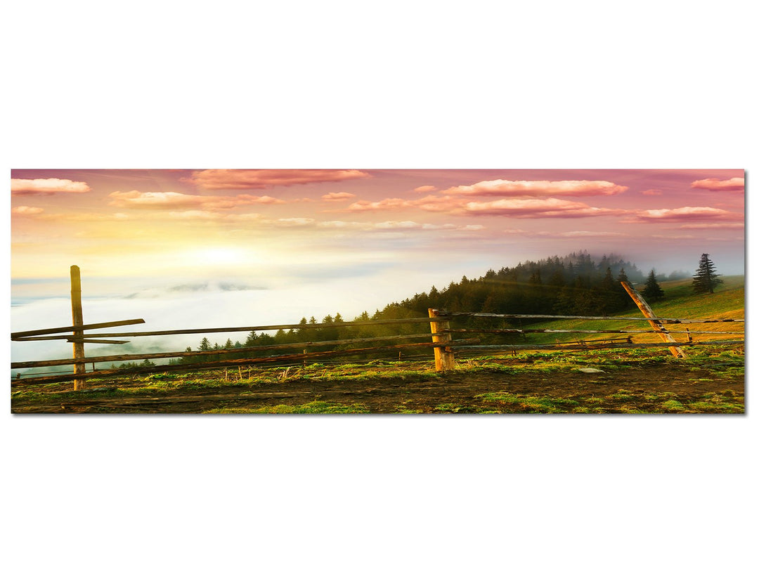 Paul Sinus Art Panoramabild auf Leinwand und Keilrahmen 120x40cm Morgengrauen Landschaft Wald Wiese