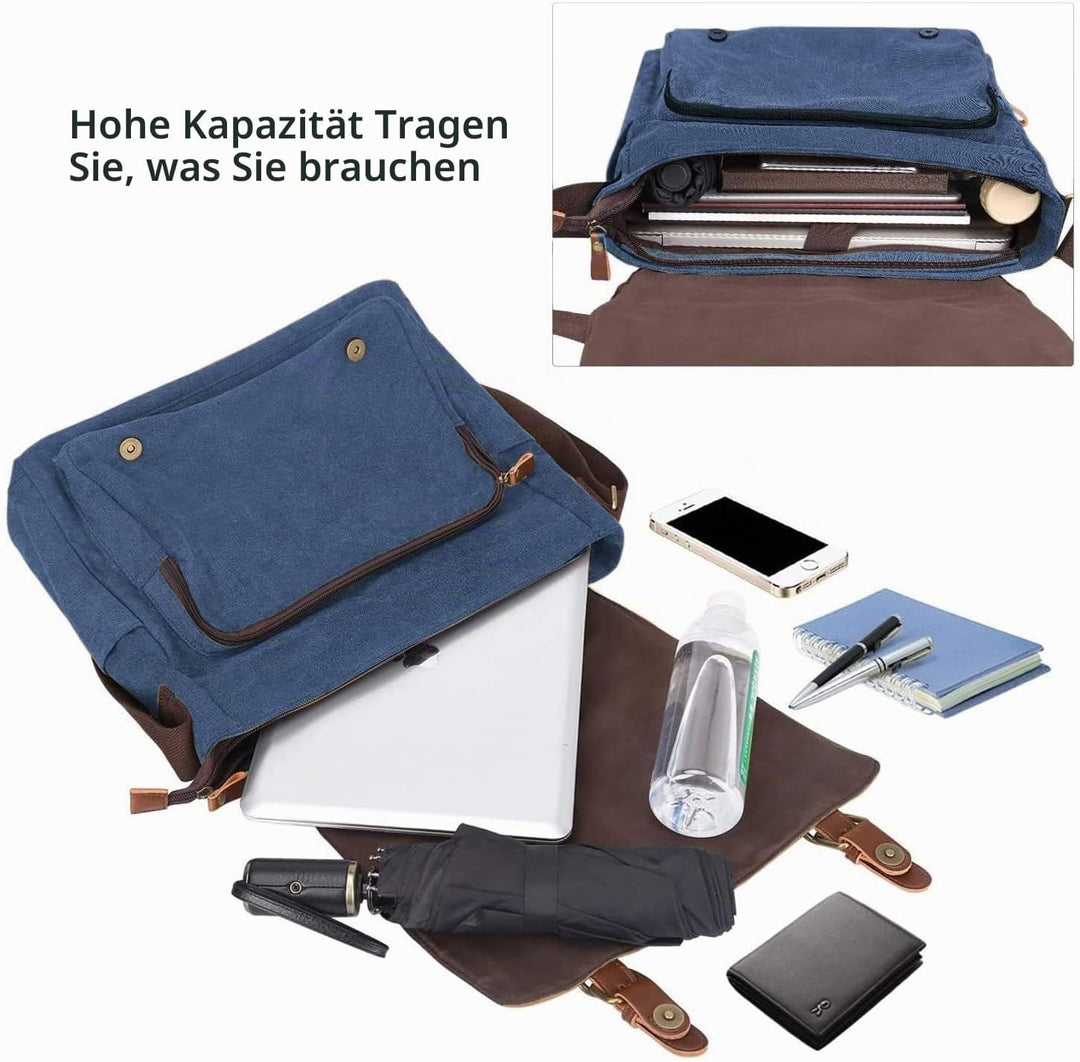S-ZONE Herren Umhängetasche 15,6 Inch Grosse Vintage Canvas Messenger Bag Aktenktasche Schultertasch