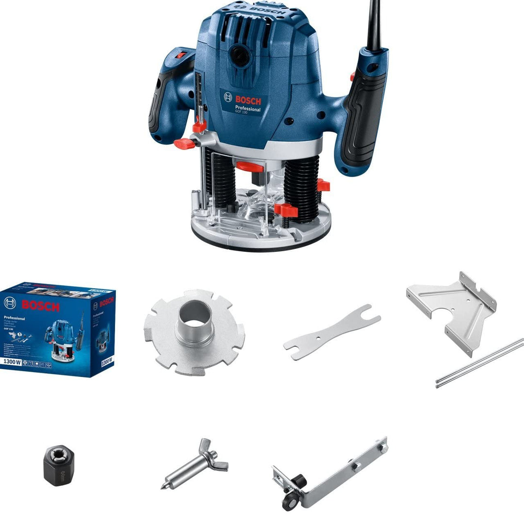 Bosch Professional: Oberfräsmaschine GOF 130 (Parallelführung, Kopierbolzen, Staubabsaugadapter, Zen