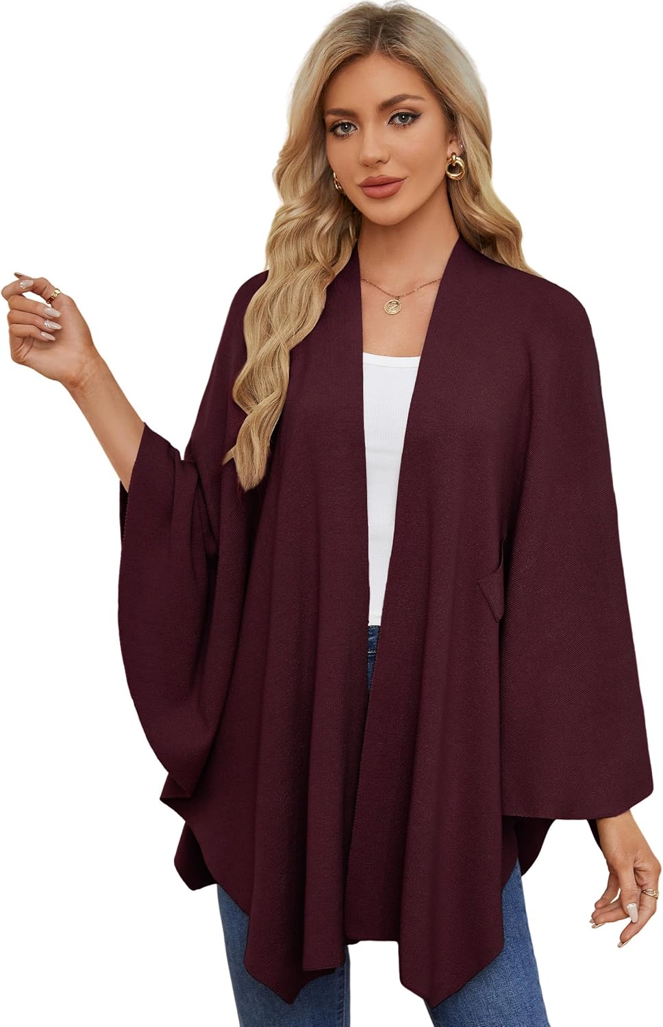 PULI Damen Elegant Poncho Strick Ponchos Capes Vorne öffnen Vielseitige Schalwickel mit Lasche Burgu