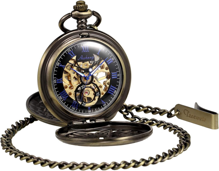 TREEWETO Unisex Taschenuhr mit Kette Analog Handaufzug Doppelscharnier Adler Skelett Römische Ziffer